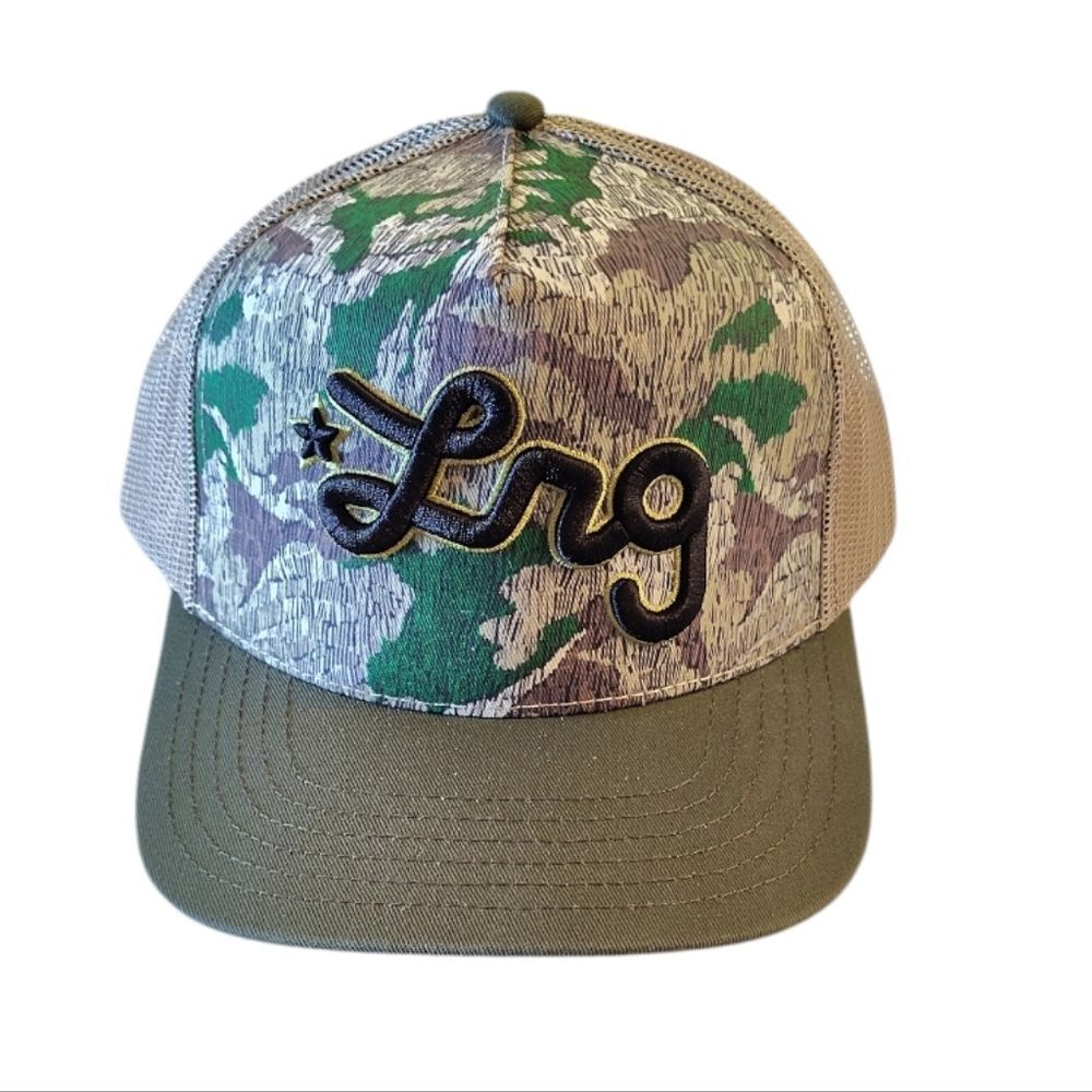 LRG Logo Script Green Tan Camo Snapback Trucker Hat OS Lifted Research Group